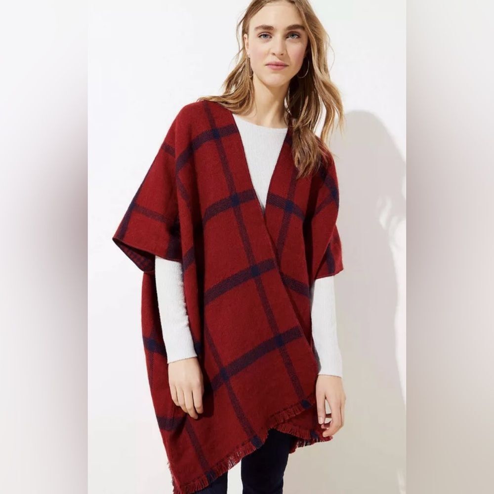 LOFT Blanket Style Plaid and Houndstooth Reversible Wrap Sweater in Size M/L